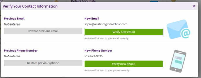 Example of the Verify new email or Verify new phone options when you verify your mobile phone and email address in ARC MyChart