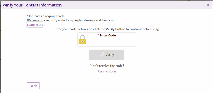 Example of the final screen where you enter the verification code to verify your mobile phone and email address in ARC MyChart