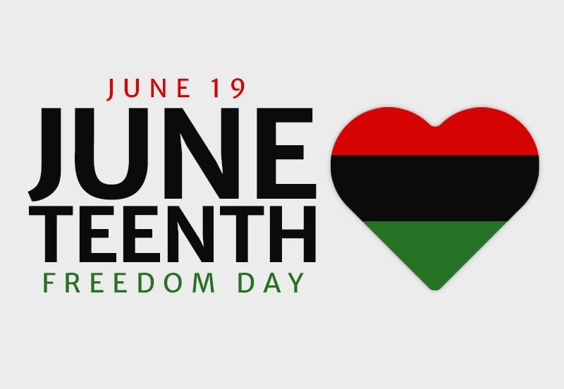 Banner reading "June 19, Juneteenth, Freedom Day" with a heart filled in with the red, black, and green colors from the Pan-African flag