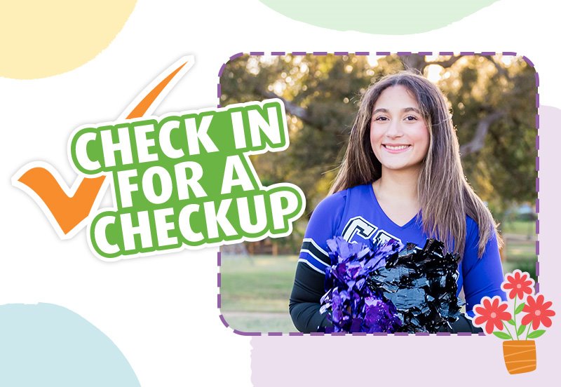 Image featuring a cheerleader and the words 'Check in of a Checkup', representing Well-Child Checks and Sports Physicals at ARC