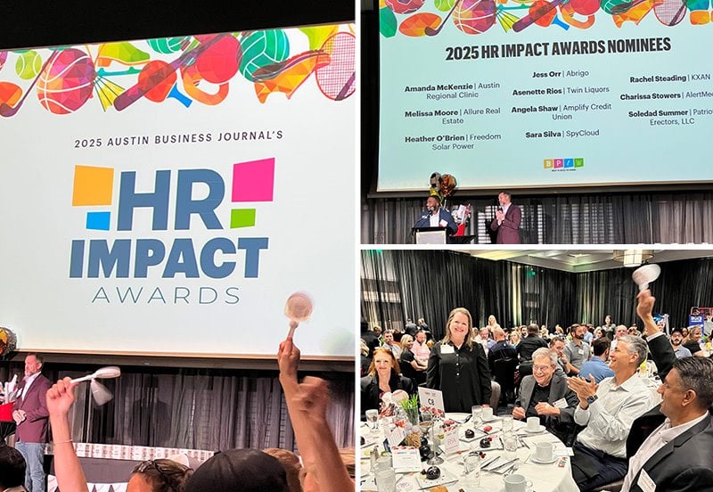 Collage of the Austin Business Journal's inaugural HR Impact Award ceremony, including an image of ARC's leadership in attendance celebrating Amanda McKenzie