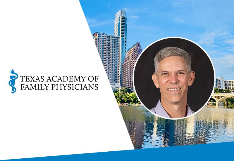 Banner image including Mark S. Ambler, MD, Family Medicine at ARC Southwest, the Texas Academy of Family Physicians logo, and downtown Austin in the background, signifying Dr. Ambler being named TAFP Member of the Month