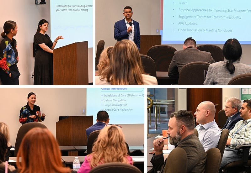 Collage of ARC hosting the America’s Physician Groups (APG) Regional Meeting and presenting STAR performance metrics, images include Dr. Norman Chenven, Dr. Manish Naik, and other ARC staff