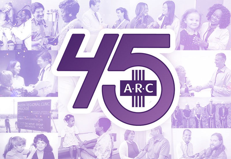 Collage of ARC physicians and advanced practice clinicians (APCs) seeing patients throughout the years and key milestones in ARC's history with a prominent 45 in the center of the collage to celebrate Austin Regional Clinic's 45th anniversary