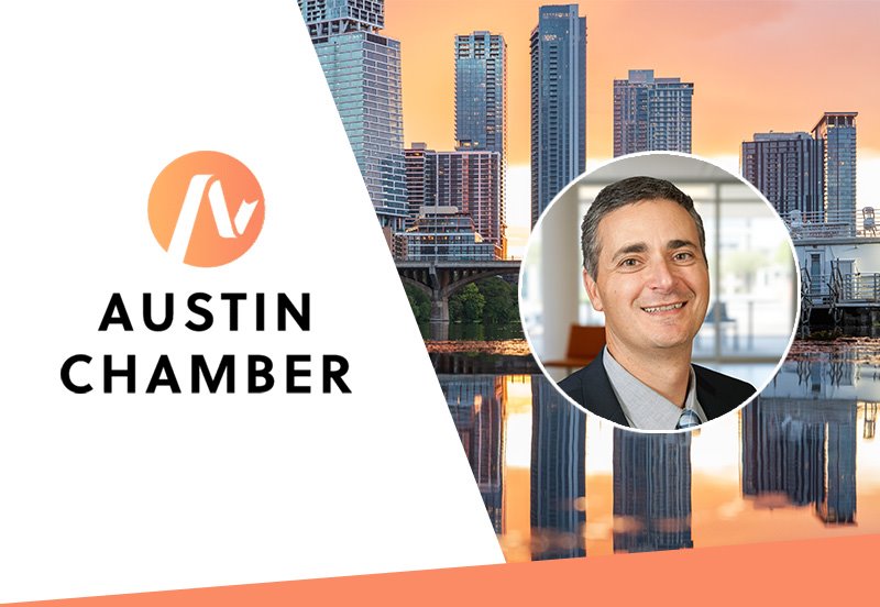 Banner image including Anas Daghestani, MD, ARC President & CEO, the Austin Chamber logo, and downtown Austin in the background, signifying Dr. Daghestani being elected to the Board of Directors of the Austin Chamber
