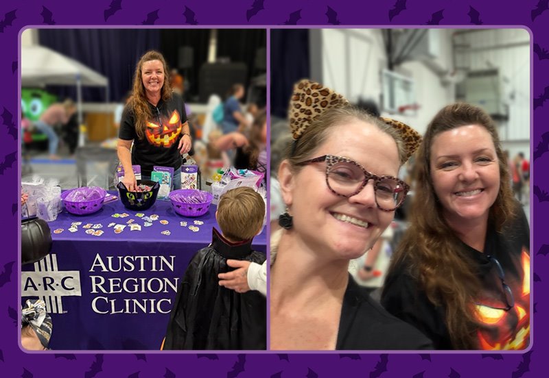 Collage featuring the Austin Regional Clinic team at the Trunk-or-Treat event at Smithville High School