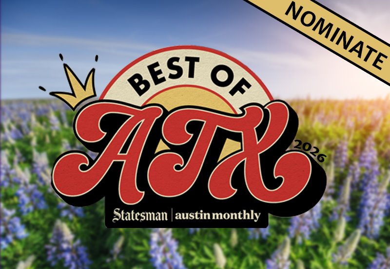 Best of ATX logo with a field of bluebonnets in the background and a ribbon that says 'Nominate'
