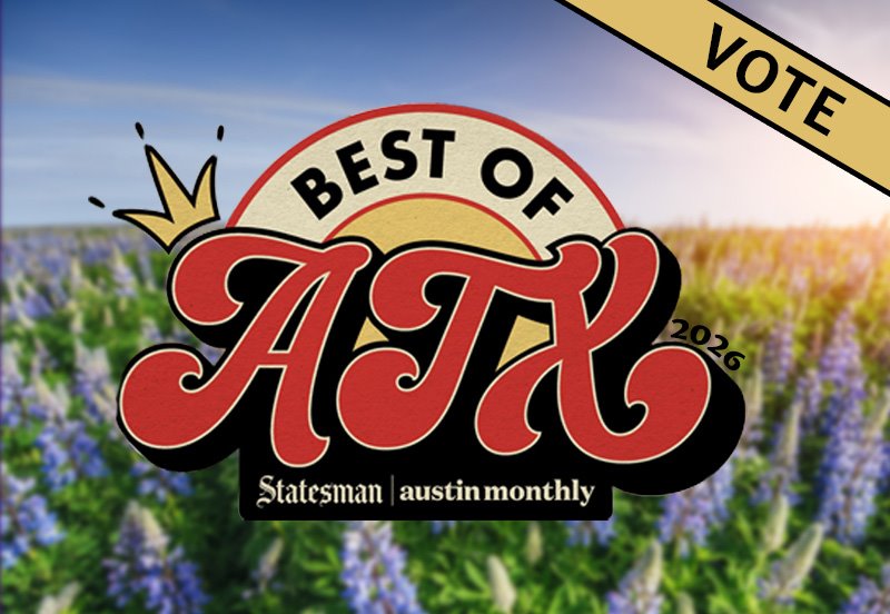 Best of ATX logo with a field of bluebonnets in the background and a ribbon that says 'Vote'