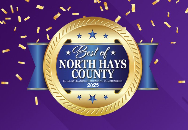 Best of North Hays County ribbon with gold confetti and a purple background
