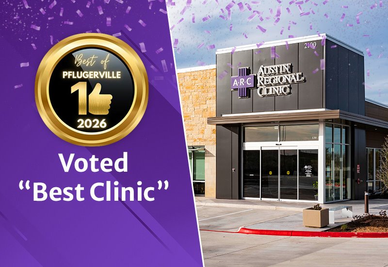 Banner image with the Best of Pflugerville 2026 logo, the words Voted 'Best Clinic', an image of the front outside view of ARC Kelly Lane in Pflugerville, and a small amount of confetti over the image, signifying ARC's recognition in the 2026 Best of Pflugerville contest