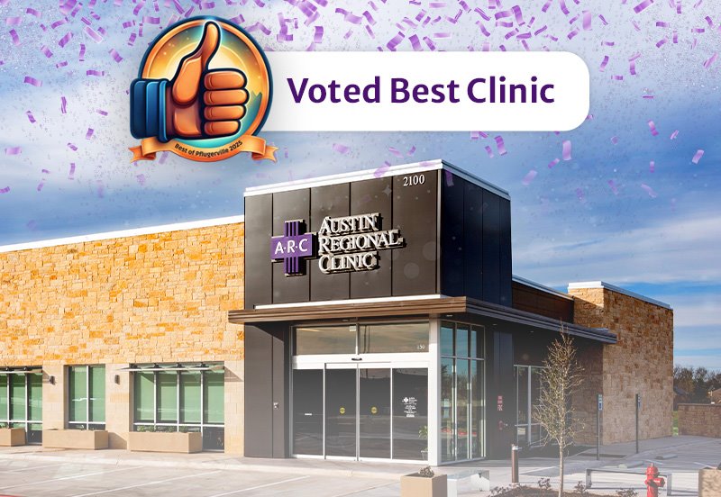 Image of an ARC clinic with confetti, the Best of Pflugerville logo, and the words "Voted Best Clinic"