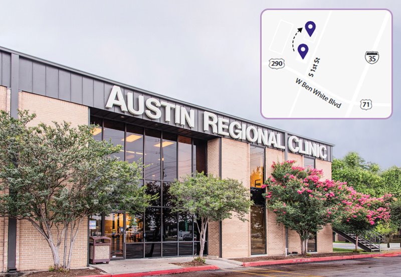Front outside view of ARC South 1st Pediatrics, along with a mini-map to help find the location