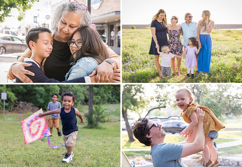 Collage of happy families outside