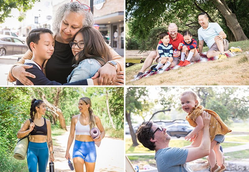 Collage featuring ARC patients enjoying the outdoors with their friends and loved ones, representing COVID-19 care