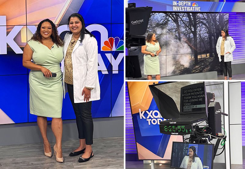 Collage featuring images of Ramya Balijepally, MD, ARC Allergist, speaking with the Austin American-Statesman and KXAN about how to manage your allergy symptoms, when to get tested, and how to minimize your exposure to certain allergens