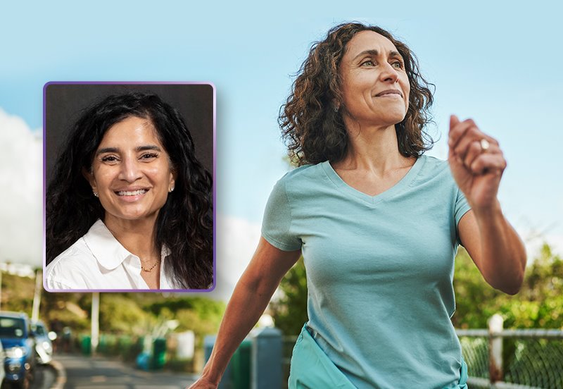 Healthy Ob/Gyn patient enjoying a walk outside, representing successful hormone replacement therapy (HRT), and an image of Renu Chalasani, MD, MSCP, Gynecologist at ARC