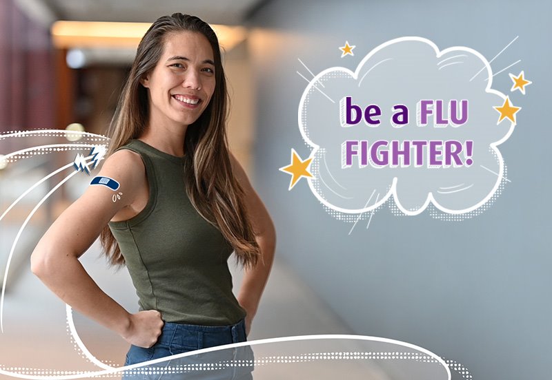 ARC patient with a bandage on her right arm after a flu shot and the words "be a FLU FIGHTER!"