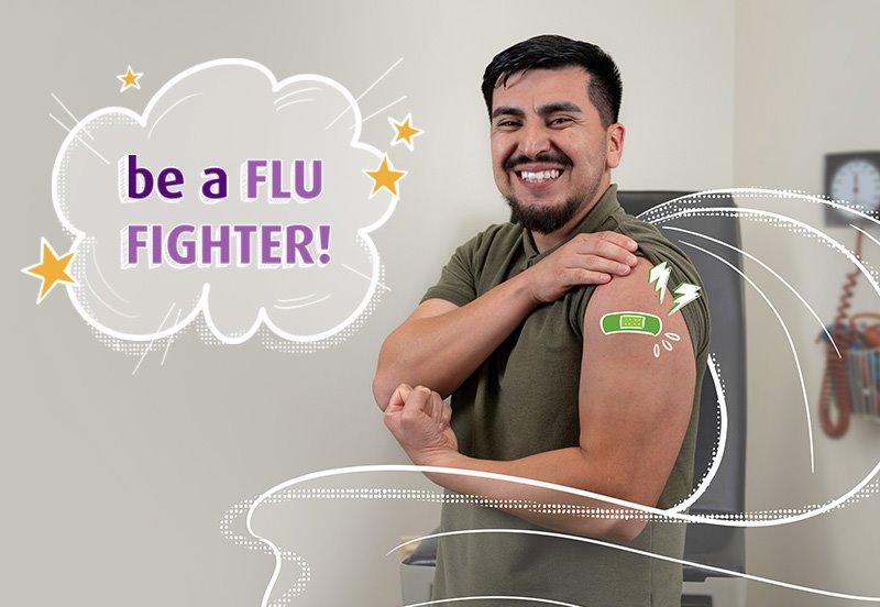 ARC patient flexing his arm after receiving an annual flu shot and the words 'be a FLU FIGHTER!'