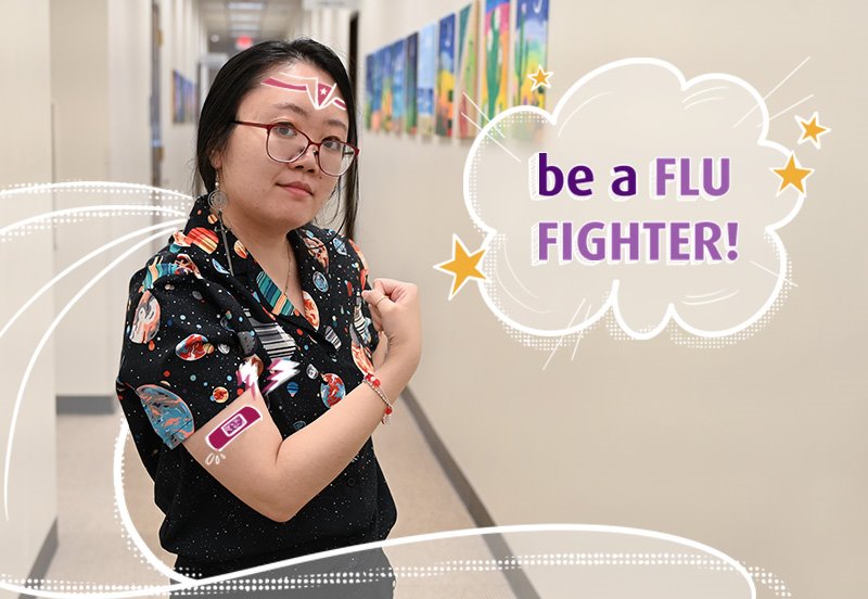 ARC patient flexing her right arm with a bandage after a flu shot and the words, "be a FLU FIGHTER!"