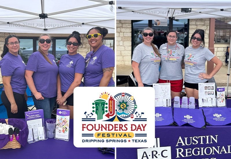 Two-image collage of the ARC Dripping Springs team posing in front of the ARC booth at the 2025 Founders Day Festival in Dripping Springs, and the Founders Day Festival Logo in the center of the collage