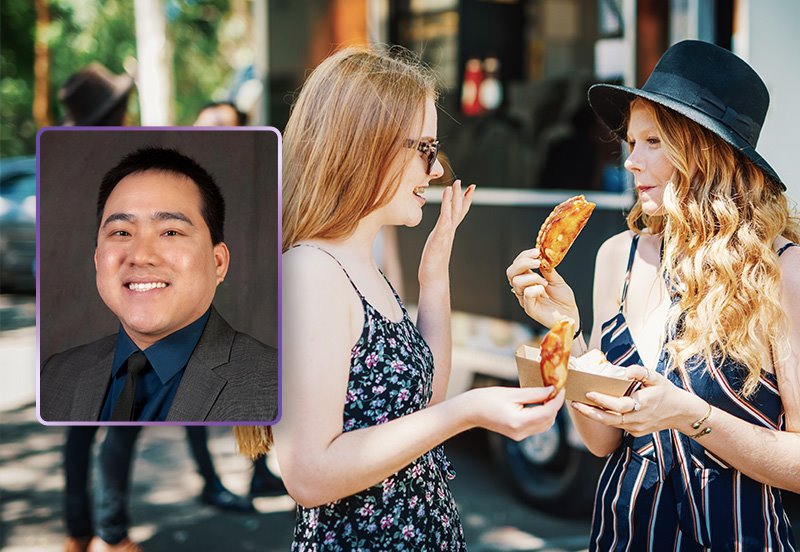 Two women eating empanadas from a food truck, representing GERD management, and an image of Bao C. Nguyen, MD, FACS, General Surgeon at ARC