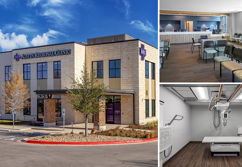 Photo collage including and image of the front outside view of ARC Greenlawn Specialty in Round Rock, an image of the clinic's lobby, and an image of a radiology room with x-ray equipment