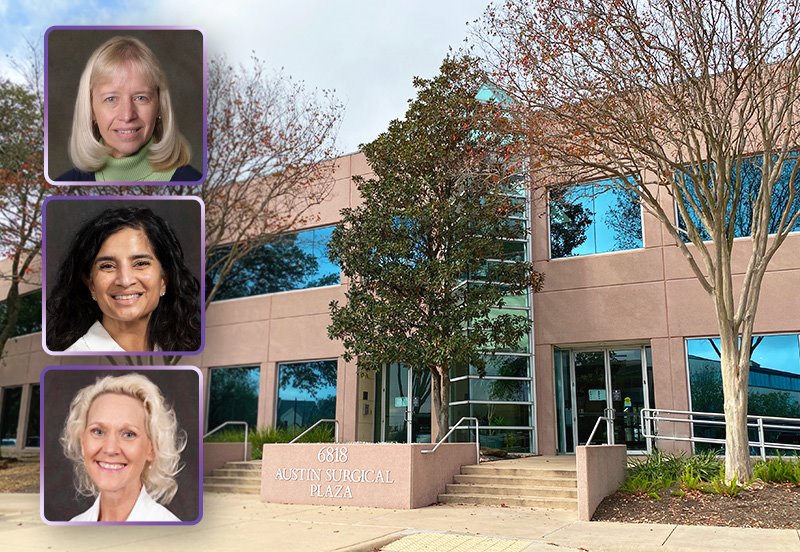 Front outside view of ARC Northwest Hills Specialty, and images of Drs. Diane Brinkman, Renu Chalasani, and Kristen Hansen-Peterman