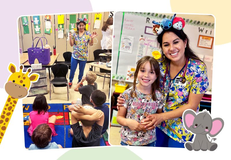 Collage of Jennifer L. Acosta, PA-C, Advanced Practice Clinician (APC) at ARC Southwest, visiting with students at Boone Elementary in Austin, TX