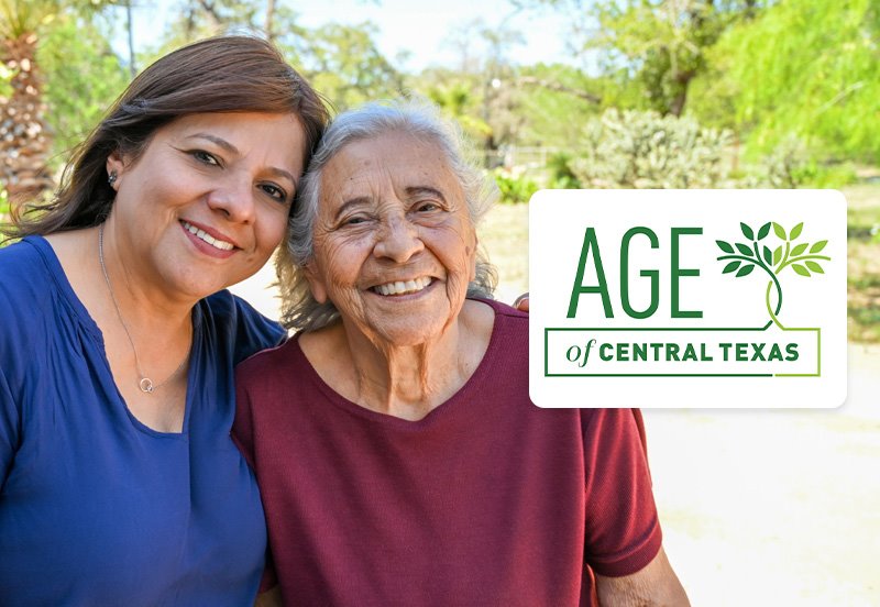 Elderly mom and adult daughter enjoying a beautiful day outside, and an Age of Central Texas logo on the image