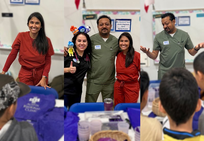 Collage of Ishita Ghosh, MD, Philip A. Roberts, MD, and Jennifer L. Acosta, PA-C, presenting on Career Day at Blazier Elementary