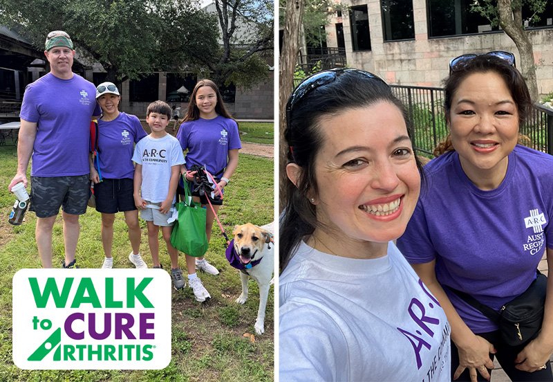 Collage featuring images of the 'ARC Rockstars' walk team members at the 2026 Walk to Cure Arthritis event at Concordia University in Austin, TX