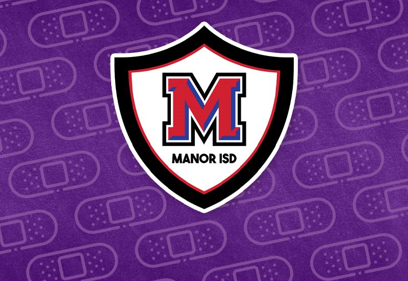 Manor ISD logo with an purple bandage themed background