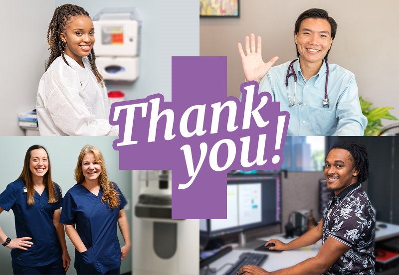Collage of ARC doctors, advanced practice clinicians (APCs), and staff with the words "Thank you!" overlaid, featuring the ARC logo in the background