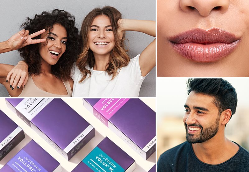 Collage featuring different images of happy patients after JUVÉDERM® or Candela Vbeam® treatments and an image of JUVÉDERM® packaging