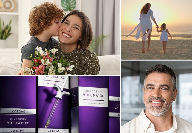 Collage featuring images of patients after JUVÉDERM® VOLUMA® XC and Laser Hair Removal treatment, and an image of JUVÉDERM® VOLUMA® XC packaging