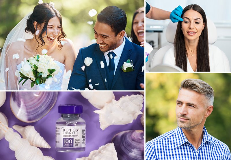 Collage featuring images of patients after BOTOX® and Platelet-Rich Fibrin (PRF) treatment, and an image of BOTOX® viles
