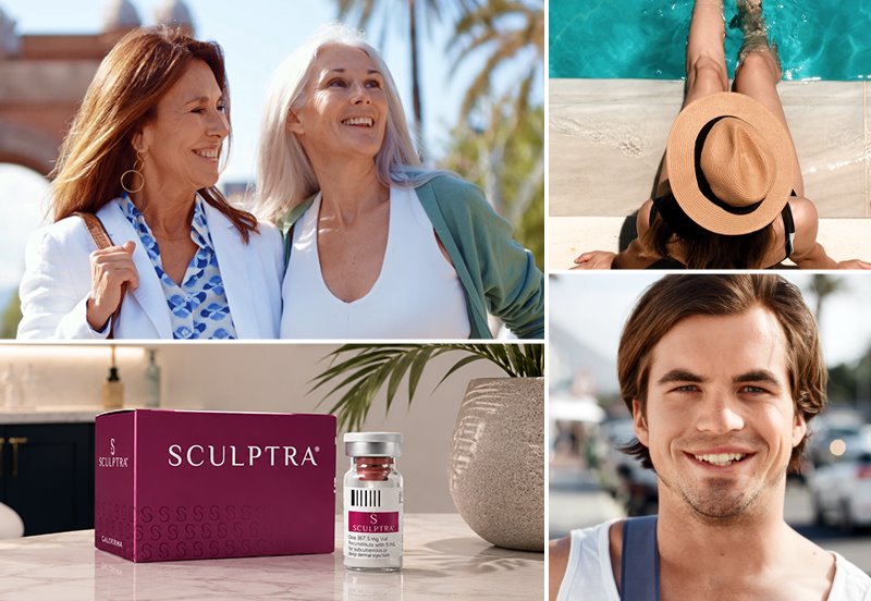 Collage featuring images of patients after Sculptra® and Candela Vbeam® treatment, and an image of Sculptra® viles