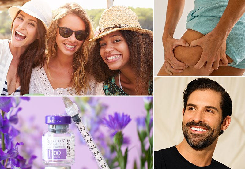 Collage featuring images of patients after BOTOX® and NuEra® Skin Tightening treatment, and an image of a BOTOX® vial