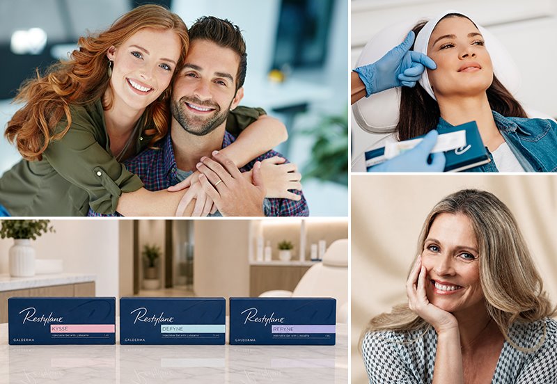 Collage featuring images of patients after Restylane® and IPL Photofacials, and an image featuring Restylane® packaging