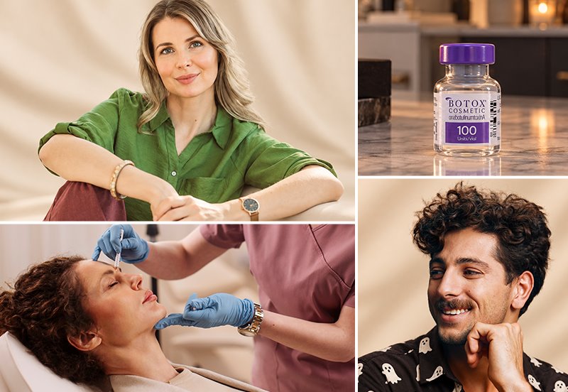 Collage featuring images of patients after BOTOX® and ResurFX™ Skin Rejuvenation treatments, a patient receiving BOTOX® treatment, and an image featuring a vile of BOTOX®