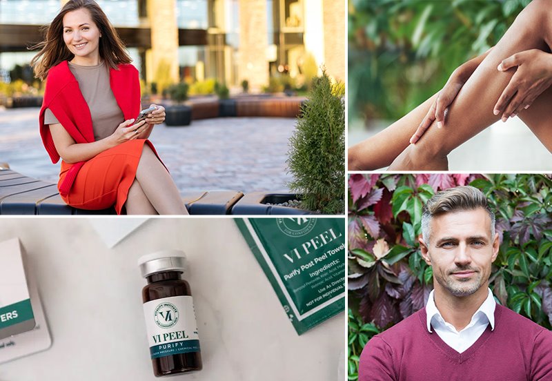 Collage featuring images of patients after Sclerotherapy and Chemical Peels treatments and an image featuring a vile of VI Peel