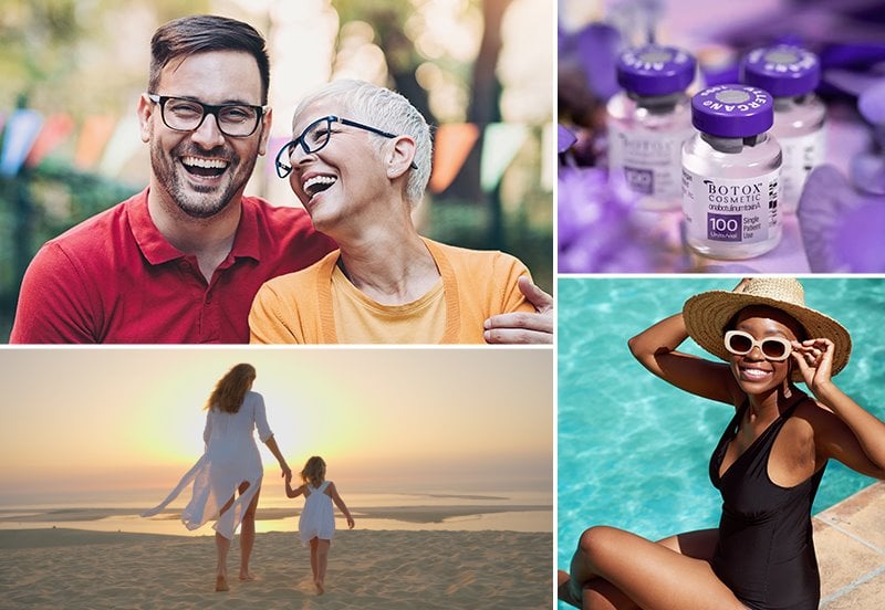 Collage of satisfied patients who have received BOTOX® or Laser Hair Removal treatments and an image of BOTOX® vials