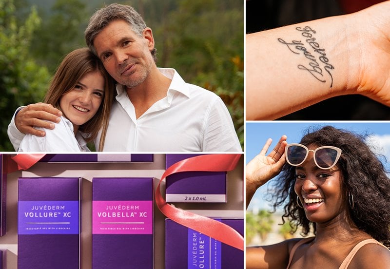 Collage featuring happy patients after JUVÉDERM® or tattoo removal treatments, an wrist tattoo symbolizing tattoo removal, and JUVÉDERM® boxes