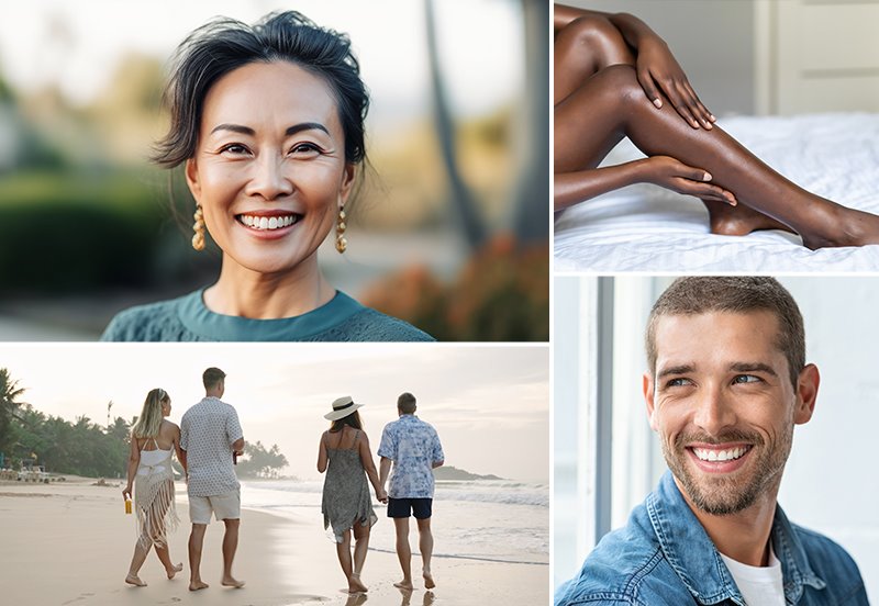 Collage featuring images of patients after Sclerotheraphy and ResurFX treatment