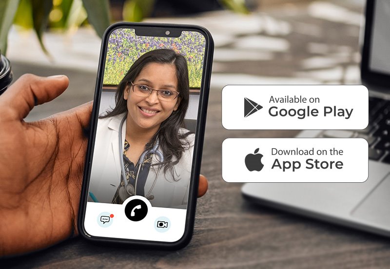 First-person view of a patient connecting with their ARC physician through the NormanMD mobile app and Google Play and App Store buttons