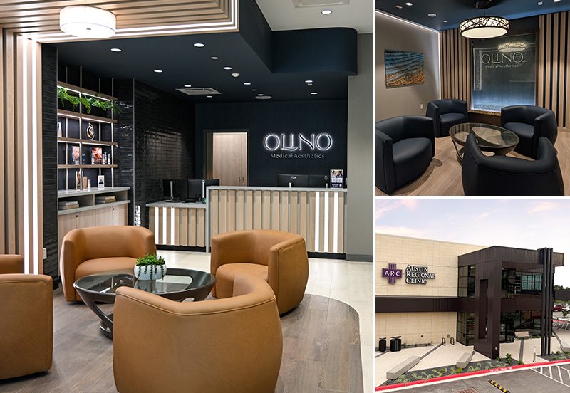 Collage featuring the lobby and front desk area of the OLINO Medical Aesthetics by ARC location at ARC South Specialty, and an outside view of ARC South Specialty
