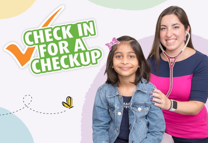 ARC pediatrician examining a child during a well-check exam, and the words "check in for a checkup" displayed on the image