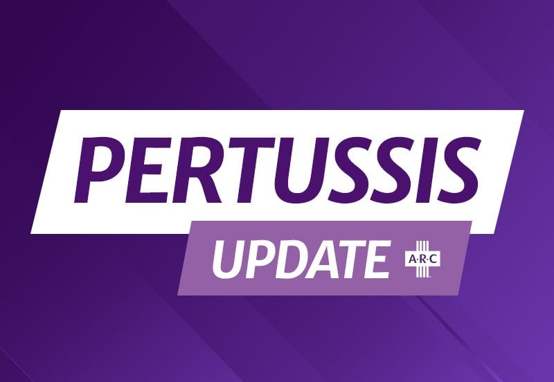 Graphic with the words "Pertussis Update" with Austin Regional Clinic logo and branding elements