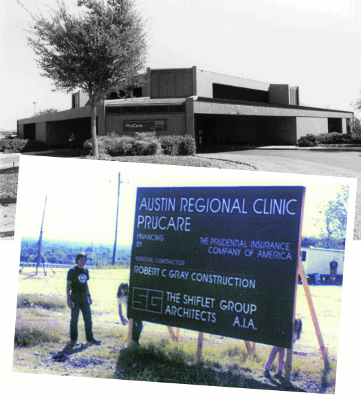 old picture of ARC hospital and a man beside an old signboard