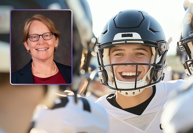 Football player having a good time during training and an image of  Martha I. Pyron, MD, Orthopedics and Sports & Musculoskeletal Medicine Doctor at ARC Bee Cave